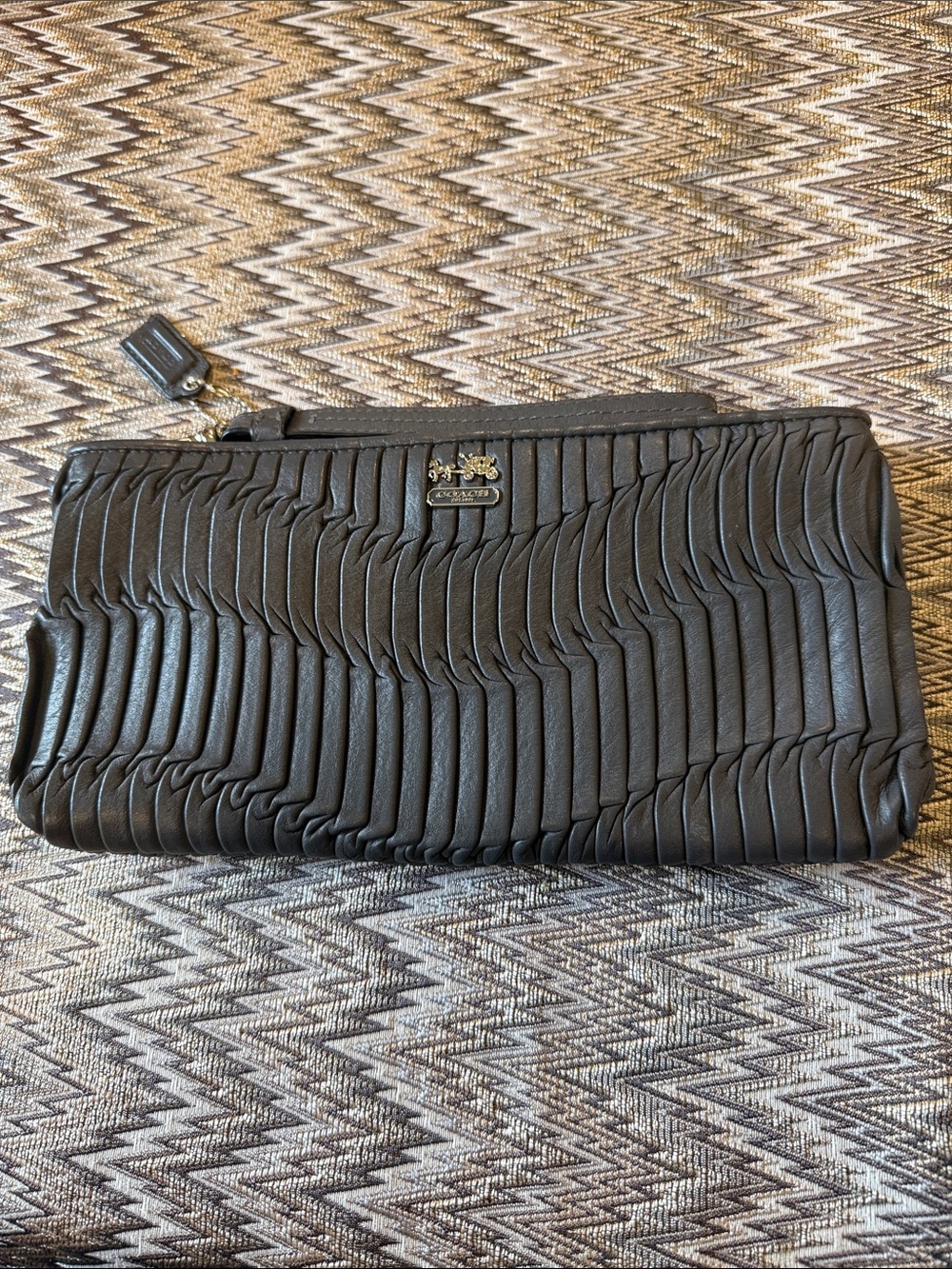 Coach Black Pleated Leather Wristlet Clutch with Logo Plaque NWOTS.